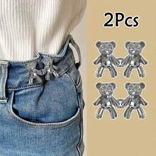 2pcs Gold Cartoon Bear Pants Buttons, Detachable Metal Waist Buttons Without Sewing
