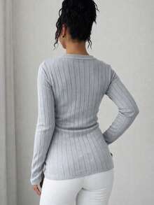 Solid Color Round Neck Long Sleeve Minimalist Ribbed Casual Knit Pullover Sweater - Light Grey - View 2