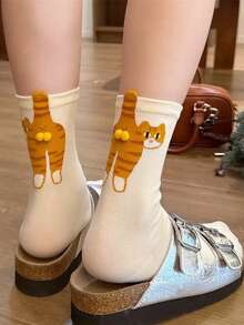 1/2 par de calcetines de media caña con campanas de gato de dibujos animados en 3D, calcetines de mujer lindos y divertidos, versátiles para todas las estaciones, estilo japonés - Multicolor - Ver 2