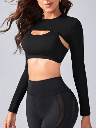 Women's Cropped Workout Jacket, Elastic & Skin-Friendly, Round Neck, Pair With Sports Bra, Long Sleeve Fitted Short Tee, Professional Training Wear Black Spring