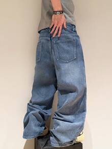 1pc Infinite Jeans Hong Kong Style High Street 3D Embroidery Floral Fashion Versatile Men's Washed Loose Wide Leg Jeans (Product Does Not Include Belt And Accessories) - Medium Wash - View 2