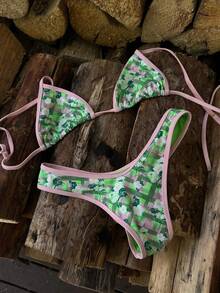 Spring/Summer Beach Vacation Party Pink & Green Floral Plaid Halter Tie Bikini, Elastic & Skin-Friendly Swimsuit, Unique Design For Hot Spring Date - Multicolor - View 1