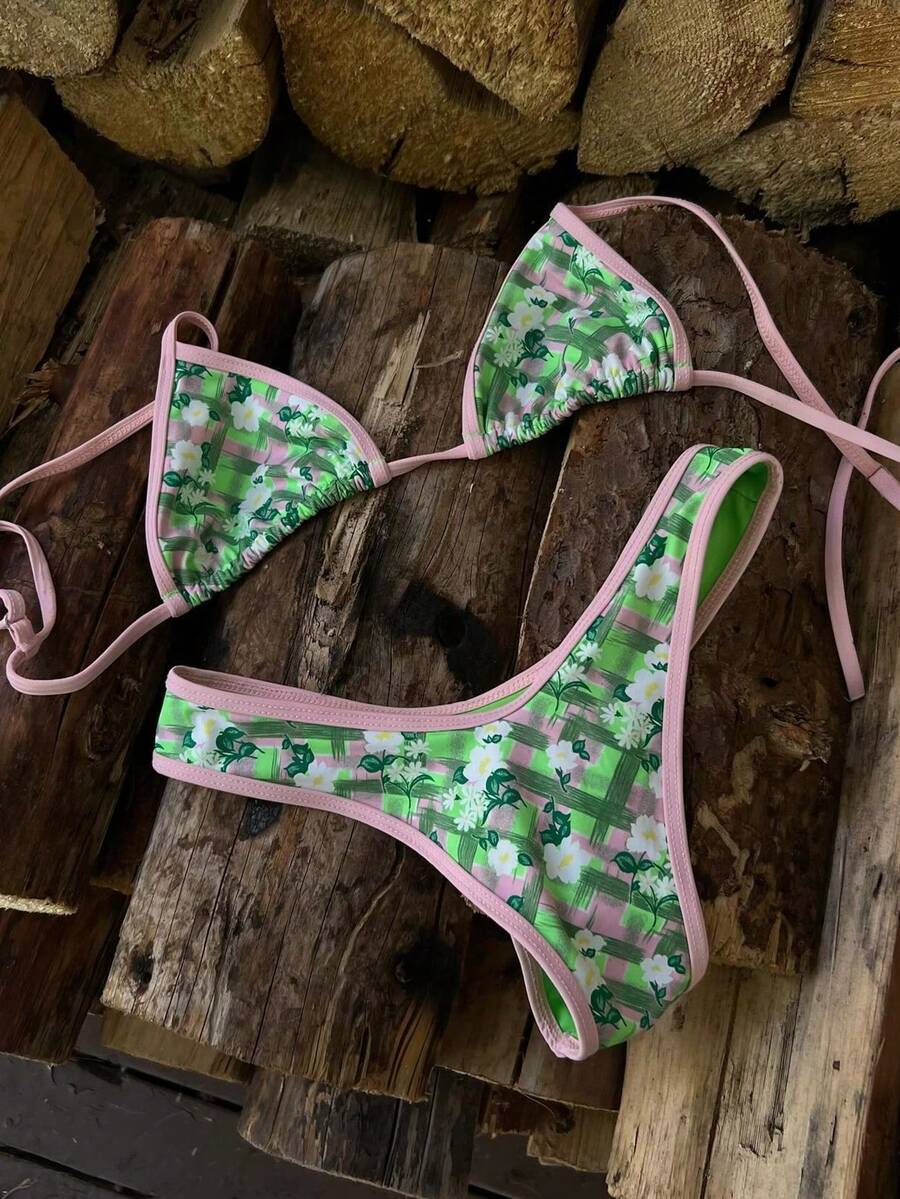 Spring/Summer Beach Vacation Party Pink & Green Floral Plaid Halter Tie Bikini, Elastic & Skin-Friendly Swimsuit, Unique Design For Hot Spring Date - Multicolor - View 1