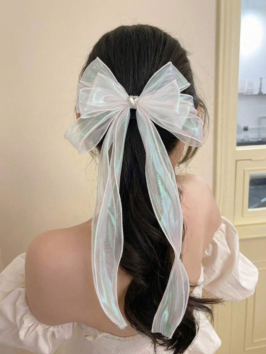 1个女士优雅蝴蝶结发夹，水钻网状装饰，高品质弹簧夹，适合情人节、派对、婚礼等场合 - 彩色 - 查看 1