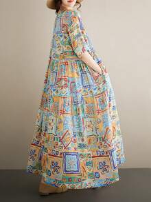 Đầm mùa hè phong cách Bohemian dành cho nữ năm 2026, đầm đi nghỉ mát cỡ lớn, cổ tròn tay ngắn, vải dệt in họa tiết mùa hè, gấu đầm thông thường có túi, đầm đi biển ôm dáng thanh lịch. - Nhiều màu - Xem 5