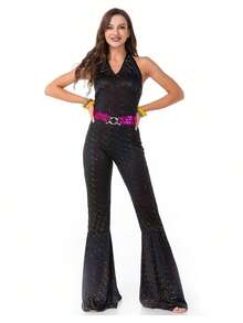 2pcs Set Couples 80s Retro Disco Performance Outfit, Women: Jumpsuit With Belt, Men: Top & Pants, Suitable For Music Festivals, Bars, Singers, Hippy Parties Halloween - Black - View 10