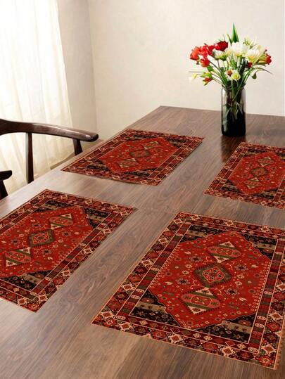 4 Pcs Bohemian Placemats With Oriental Traditional Floral Moroccan Style Retro Geometric Patterns For Home Living Room Dining Room Cafe Decorative Mats