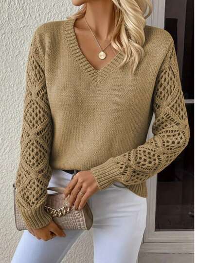 Woman Lace Sleeve Knit Sweater –  V-Neck Pullover For Daily & Office Wear
