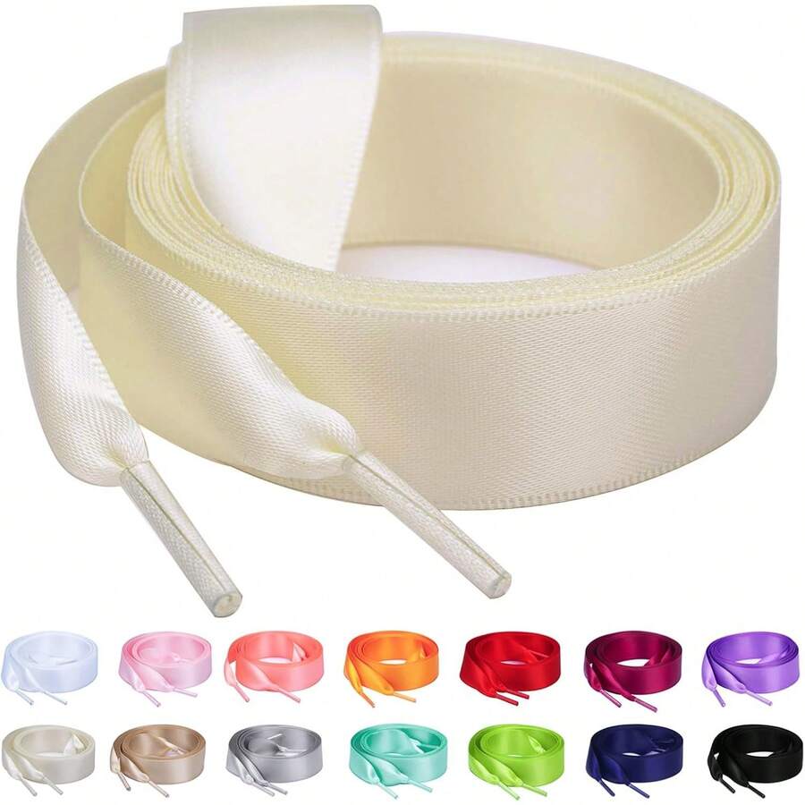 Flat Colorful Satin Shoelaces, 3/ 4inch Width, Women's/Girls' Shoelaces, White, 47inch (120) Cm: Clothing, Shoes, And Jewelry - 絲帶米色 - 查看 1