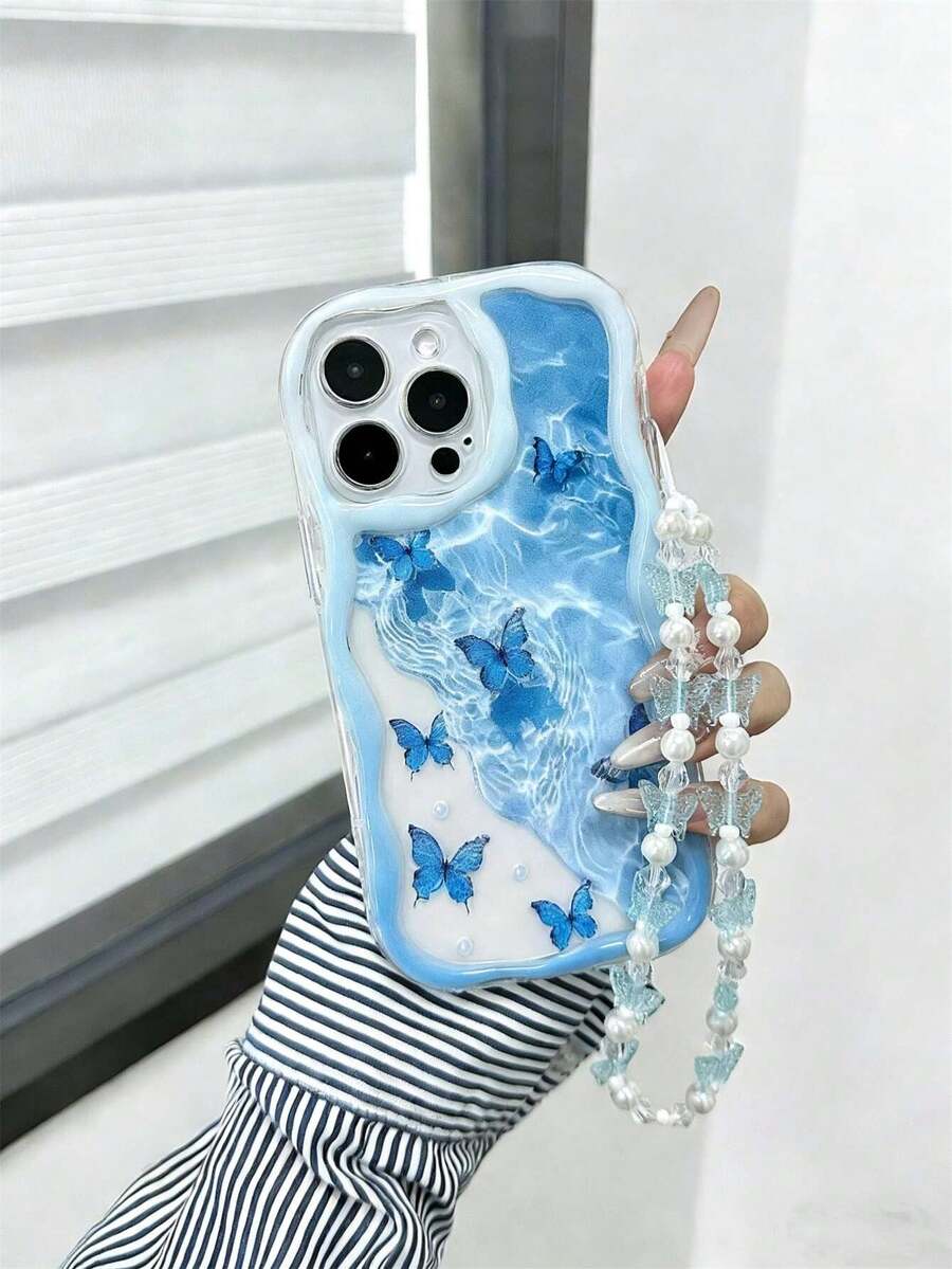 Cream Textured Wavy Edge Glossy Butterfly Painted Anti-Drop Phone Case With Handmade Beaded Bracelet, Compatible With IPhone 16/11/16pro/16plus/16promax//15Promax/13/14/12/XS/XR/7G/8P, Compatible With Samsung Galaxy 11/12Pro/12/12X/13Pro/14Pro/15Pro/16pro/17pro - Multicolor - View 1