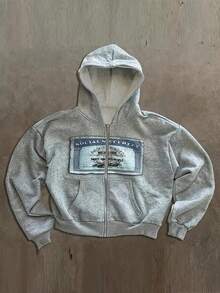 Front Patch Print Zipper Pocket Long Sleeve Sweatshirt Sweatshirt - Light Grey - View 1