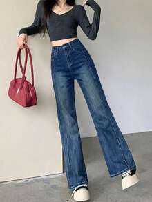 修身复古喇叭弹力牛仔裤，女式及地长裤 - 深藍色 - 查看 4