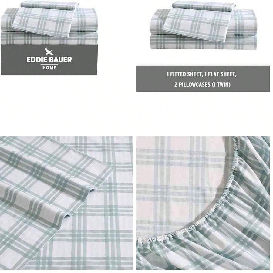 KALL TUSHH Eddie Bauer - Juego de sbanas Individuales, Juego de Ropa de Cama de percal de algodn, decoracin del hogar crujiente y Fresca (Rayas azuladas/Verdes, Individuales) - individual+rayas marino/verde - Ver 1