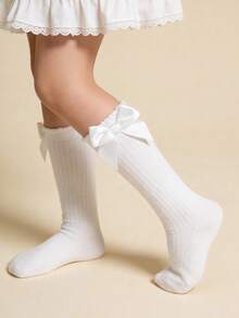 1 Pair Cotton Girls/Toddlers Bow Solid Color Knee High Socks, School Style - White - View 3
