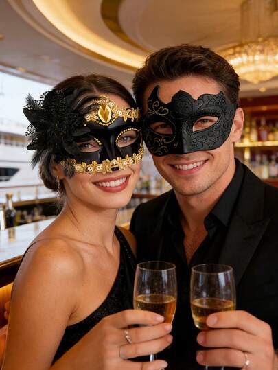 2 sztuki/zestaw Makijaż dla Par Romantyczny Bal Złoty Zestaw Masek Maska Wenecka Impreza Maska Halloweenowa Maska do Odgrywania Scen Karnawał Boże Narodzenie Walentynki Bal Walentynkowy Impreza Walentynkowa Bal Klubowy Wesele Występ Sceniczny Moda Męska i Damska Wysokiej Jakości Maski