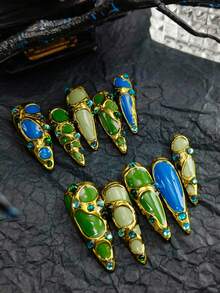 A Series Of Different Color Of Our Hot Long Stiletto: Green Nails Blue Nails: DIY 10pcs Of Cute Baroque Nail Art Of Y2K Glossy Green Nail Stickers Blue Nails Red Nails Orange Nails With Handpainted Ripples A Western Goth Palace Style French Tip Handmade Acrylic Press On Nails With Free Poly Gel Nail Kit. Bright Green, Gold, Blue Armor Surface - Nhiều màu - Xem 4