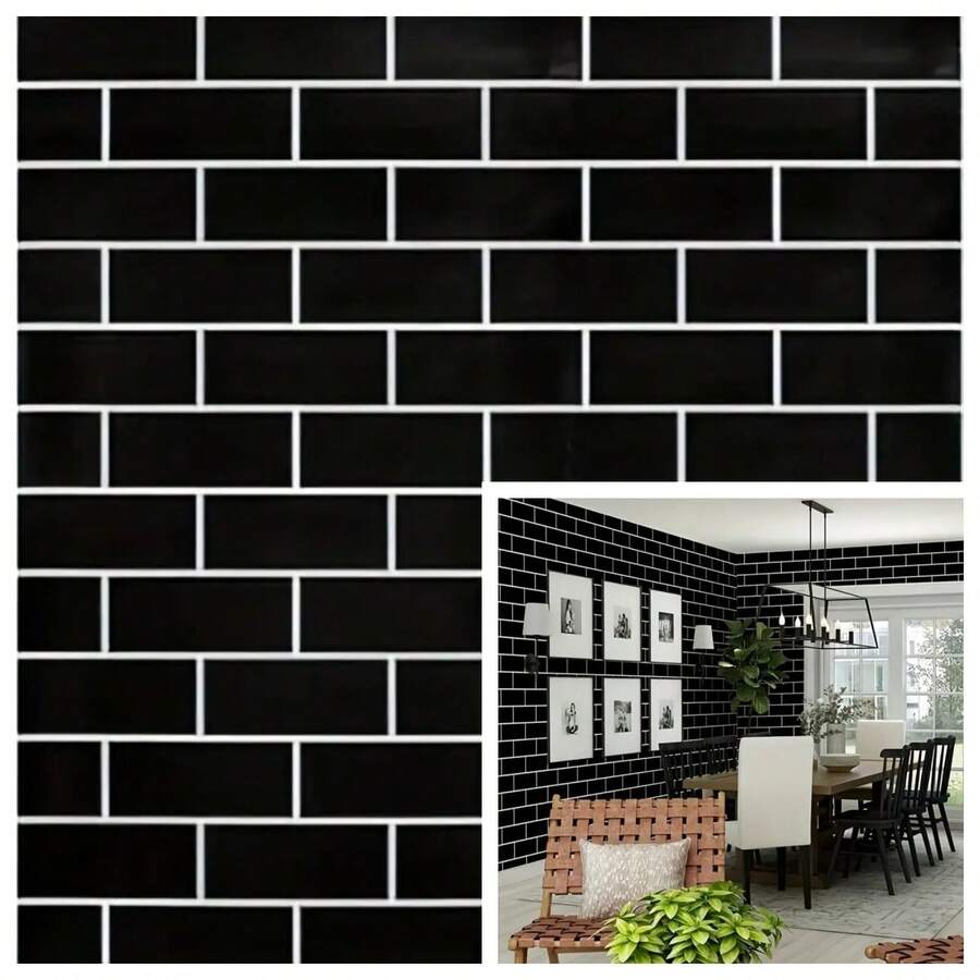 1卷黑色砖纹自粘墙纸，可移除PVC墙贴，易于安装，适用于酒店浴室、家居装饰、家具翻新、桌面，尺寸：17.7英寸 x 39.3英寸/118.1英寸/196.8英寸