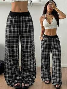 1pc Women's Black & White Plaid Casual Pants, Homewear, Casual, Y2K Style Suitable For Outings, Autumn/Winter Clothing, Daily Versatile, All Season - Black - View 1