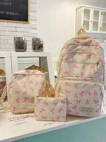 3pcs Nylon Bow Print Backpack Set, Foldable Multi-Pocket Large Capacity Zipper Backpack, Suitable For Teenagers, High School Students, College Students, Ladies For Daily Use, Commuting, Travel, Also An Ideal Valentine's Day Gift. Fashionable Backpack With Pencil Case, Cute Bow Backpack, Back To School Essential, School Supplies, Backpack, Student Backpack, Back To School Backpack, Large Capacity, Lightweight, Portable, Classic Casual