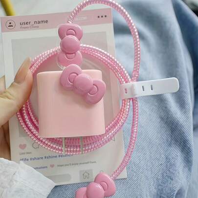 一套可爱的粉色蝴蝶结充电器和数据线保护套 - 耐用TPU材质，防折弯，兼容 17/16/15/14，18W/20W充电器，可爱装饰配件，电子产品保护套，手机配件，趣味设计，柔韧外壳，坚固结构，充电保护套，礼品购买者，时尚爱好者