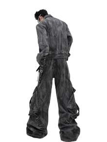 Conjunto de mezclilla para hombre chaqueta con cremallera y pantalones cargo de estilo retro vintage con bolsillos grandes efecto desgastado  urbana casual - Pantalones gris oscuro - Ver 2