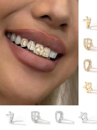 1 Pc Hollow Cross Set With Diamonds Tooth Grillz, Adjustable Hip Hop, Nightclub, Party Decoration, Unisex Gift, Stage Prop