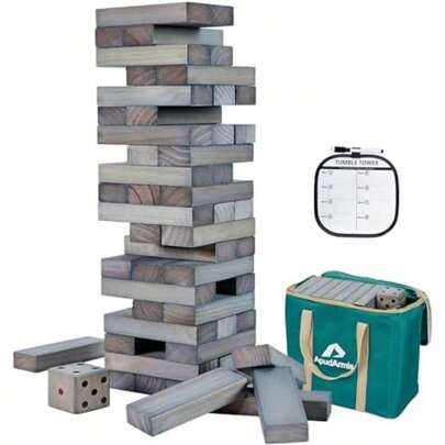 ApudArmis 60 PCS Tumble Tower, (Stack Up To 5Ft) Pine Wooden Stacking Timber Game With 1 Dice Set - Classic Block Outdoor Game For Teens Adults Family(M-Stack To 3.2 FT Gray)