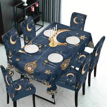 Zestaw 1/4/5/6/7 elementów z serii świątecznej Bliskiego Wschodu – złoty półksiężyc, dekoracja w kształcie gwiazdy i tradycyjny kwiatowy lampion, w połączeniu z granatowo-złotym wzorem na krzesło/pokrowcem, odpowiedni do wnętrz domowych, restauracji i hoteli, idealny do nowoczesnych dekoracji codziennych. Obrus pasuje na kwadratowy stół jadalny, a elastyczny pokrowiec na krzesło można prać. - Wielokolorowe - Zobacz 1