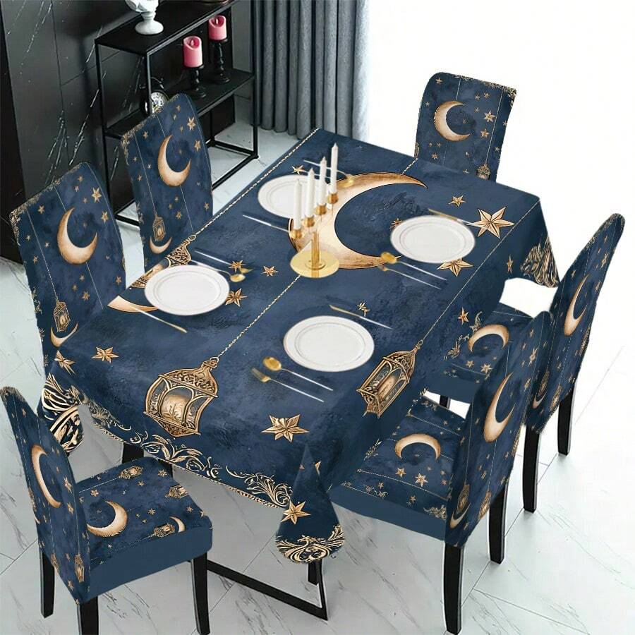 Zestaw 1/4/5/6/7 elementów z serii świątecznej Bliskiego Wschodu – złoty półksiężyc, dekoracja w kształcie gwiazdy i tradycyjny kwiatowy lampion, w połączeniu z granatowo-złotym wzorem na krzesło/pokrowcem, odpowiedni do wnętrz domowych, restauracji i hoteli, idealny do nowoczesnych dekoracji codziennych. Obrus pasuje na kwadratowy stół jadalny, a elastyczny pokrowiec na krzesło można prać. - Wielokolorowe - Zobacz 1