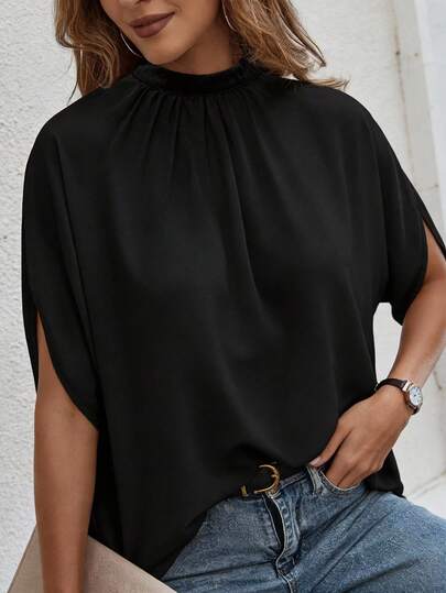Elegant Mandarin Collar Solid Color Short Sleeve Shirt - Minimalist Women's Top, Suitable For Work Commute, Casual Daily Wear, Basic Quality Blouse For Spring/Summer Black