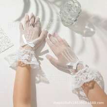 1 Pair Of Elastic Five- Fishing Net Gauze For Ladies, Hollowed-Out Bride Dance, Bow Lace, Wedding Dress Etiquette, Black And White Gloves, Fun - 白色 - 查看 3