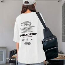 Women's Oversized Printed T-Shirt - Cheerful Paradise Phrase - Loose, Casual, Stylish, Modern, And Cool Blouse - 白色 - 查看 12