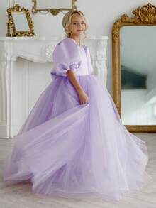 少女蝴蝶结露背深V泡泡袖网纱公主裙，适合圣诞节、生日派对、花童、婚礼、舞会、节日场合 - 淡紫色 - 查看 2