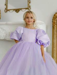 少女蝴蝶结露背深V泡泡袖网纱公主裙，适合圣诞节、生日派对、花童、婚礼、舞会、节日场合 - 淡紫色 - 查看 3
