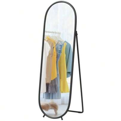 Oval Freestanding Mirror Measuring 160 X 40 Cm With A Metal Frame, Ideal For The Living Room Or Bedroom. Colour: Black.