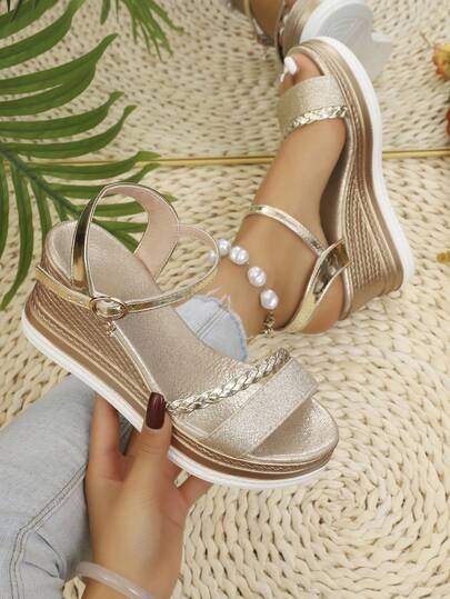 26 Spring/Summer New Gold & Silver Sequin Woven Wedge Sandals, European Style Thick Sole One-Strap Open Toe Women Shoes, Party & Festival Lightweight Platform Shoes