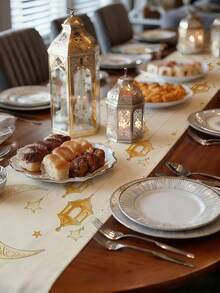 Față de masă reutilizabilă pentru bucătărie, decorată cu stele, luni, felinare Fanoos și modele de binecuvântare de sărbători, în stil Ramadan. Fabricată din material textil de in, ideală pentru decorarea mesei de acasă, decorarea petrecerilor, decorarea sărbătorilor și accesoriile de sărbători. Disponibilă în mai multe dimensiuni, potrivită și ca cadou. - Multicolor - Vizualizare 7