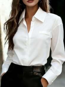 بلوزة كلاسيكية للنساء بأكمام طويلة شبه شفافة من البوليستر مع طوق قميص وتناسب عادي