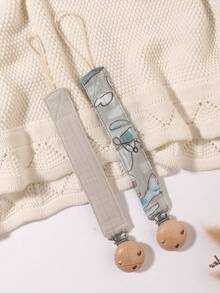 2件装婴儿奶嘴链，时尚印花奶嘴夹和木质三孔奶嘴夹，适合男宝宝和女宝宝，日常礼物