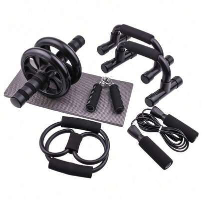 7 Stücke Fitness Set für Zuhause, beinhaltet Springseil, Griffkrafttrainer, Push-Up Stangen, Bauchtrainer für Muskelaufbau