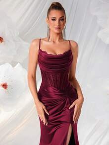 ADYCE فستان ماكسي أنيق بتصميم لوحات الدانتيل عالي الخصر مع طيات وشق في الظهر، مناسب لحفلات التخرج والحفلات الرسمية وحفلات عيد الميلاد والعشاء الرسمي وحفلات العودة إلى المنزل وحفلات الزفاف وحفلات السنة الجديدة وغيرها من المناسبات