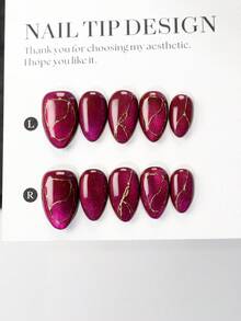 Tăng thêm vẻ cá tính, 10 miếng, móng giả dán hình mắt mèo gradient thủ công, hình hạnh nhân ngắn, màu tím đỏ lấp lánh, đổi màu phản quang, phủ bột vàng, hoàn hảo cho phụ nữ và bé gái - Có các size XS, S, M. Móng giả dán thủ công. - Nhiều màu - Xem 10