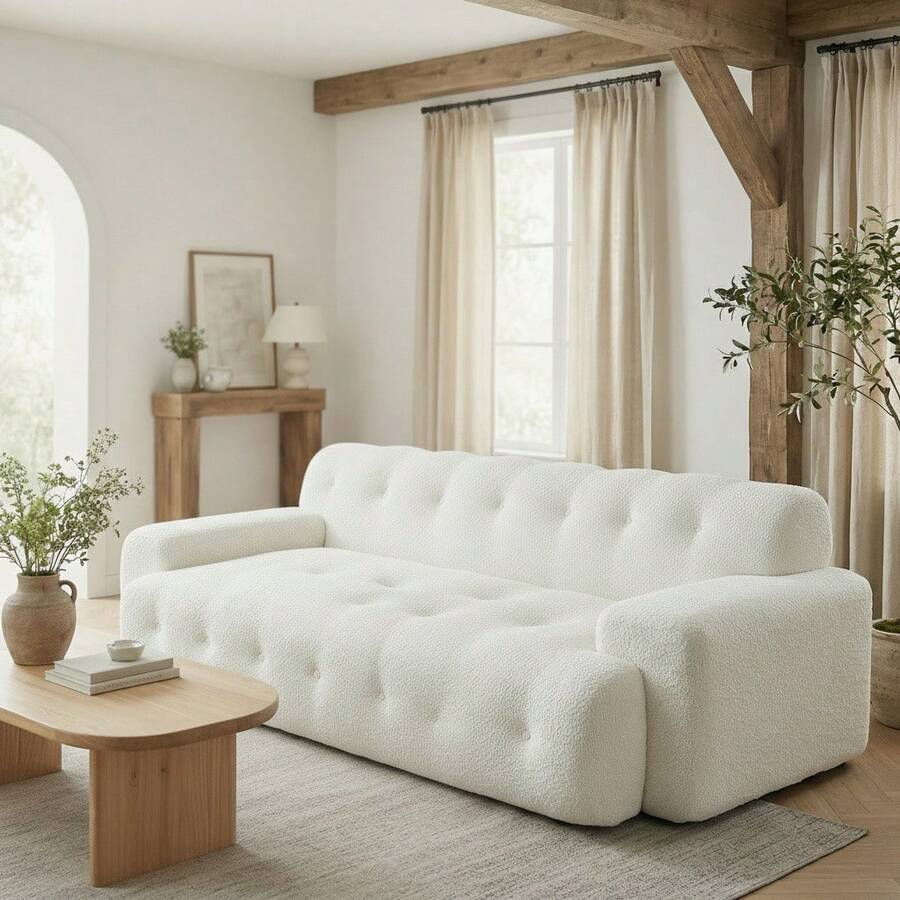 Cloud Style Chenille 3-Seater Sofa With Button Tufting, Minimalist Upholstered Couch For Living Room And Apartment - 白色 - 查看 1