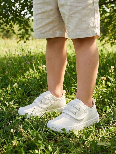 1 Pair Baby Girls' Beige Canvas Casual Fashion Hook And Loop Slip-On Low-Top Sneakers, Comfortable & Lightweight, Suitable For Outdoor Spring Activities