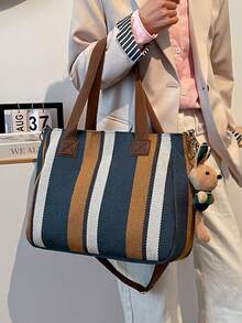 1pc Striped Contrast Color Large Capacity Canvas Tote Bag With Pendant, Exclusive For School And Daily Use - Multicolor - View 3