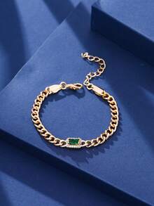 1pc Copper Alloy Elegant Green Cubic Zirconia Inlaid White Edged Rectangular Pendant Necklace Chain Bracelet For Men - Yellow Gold - View 3