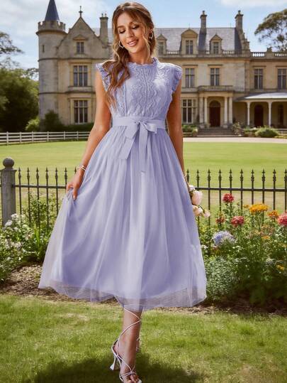 Simplee Vestido maxi elegante de mujer con parches de encaje y malla sin mangas, vestido de fiesta, vestido de invitada de boda, vestido de cumpleaños