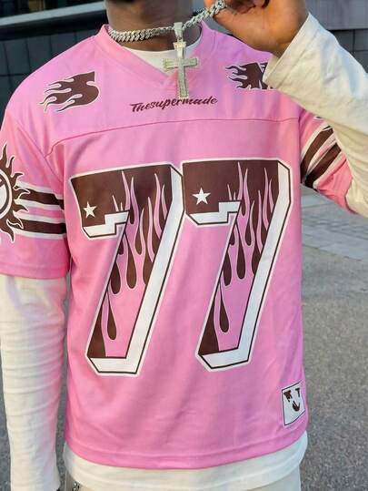 男士粉色火焰印花T恤，Y2K摩托车风格宽松T恤，街头风城市字母印花休闲上衣，多巴胺灵感图案短袖T恤