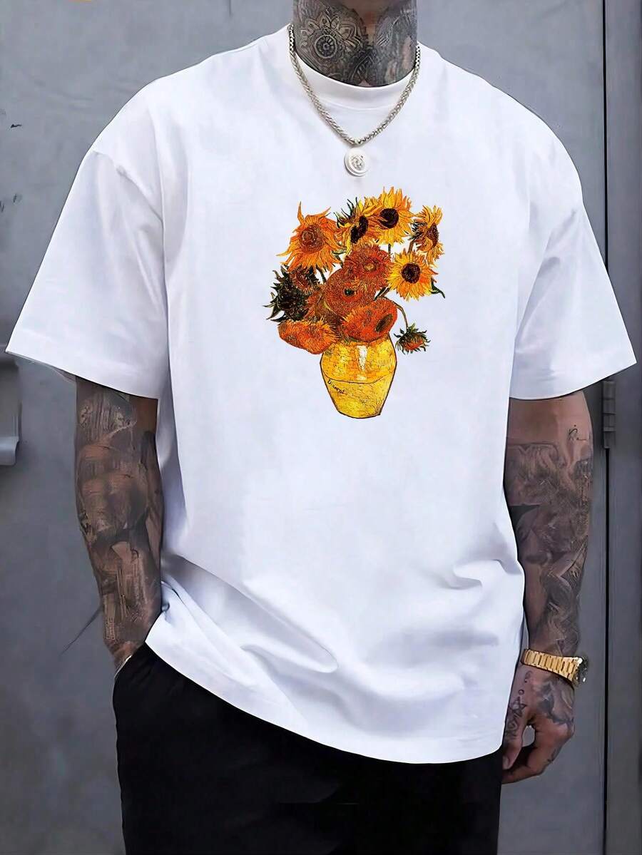 100% Algodón Camiseta de Girasoles de Van Gogh Vintage Flores Amarillas Arte Pintura Camiseta, Negra - Camisetas de moda interesantes de corta para hombres - Blanco - Ver 1