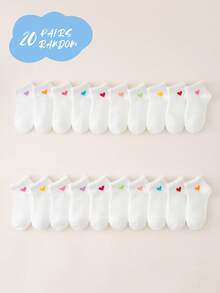 5/10/20 Pairs Kids/Baby Socks, Girls/Boys/Toddler Boys, Solid White, Heart Decor Cuff, Soft Breathable Comfortable Casual Mid-Calf Socks, Suitable For Holidays, Back To School, Travel, Home, Daily Matching, Random Color & Style Assorted - White - View 5